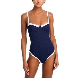 Aqua Swim Underwire One Piece Swimsuit‎ Navy Blue White SMALL
